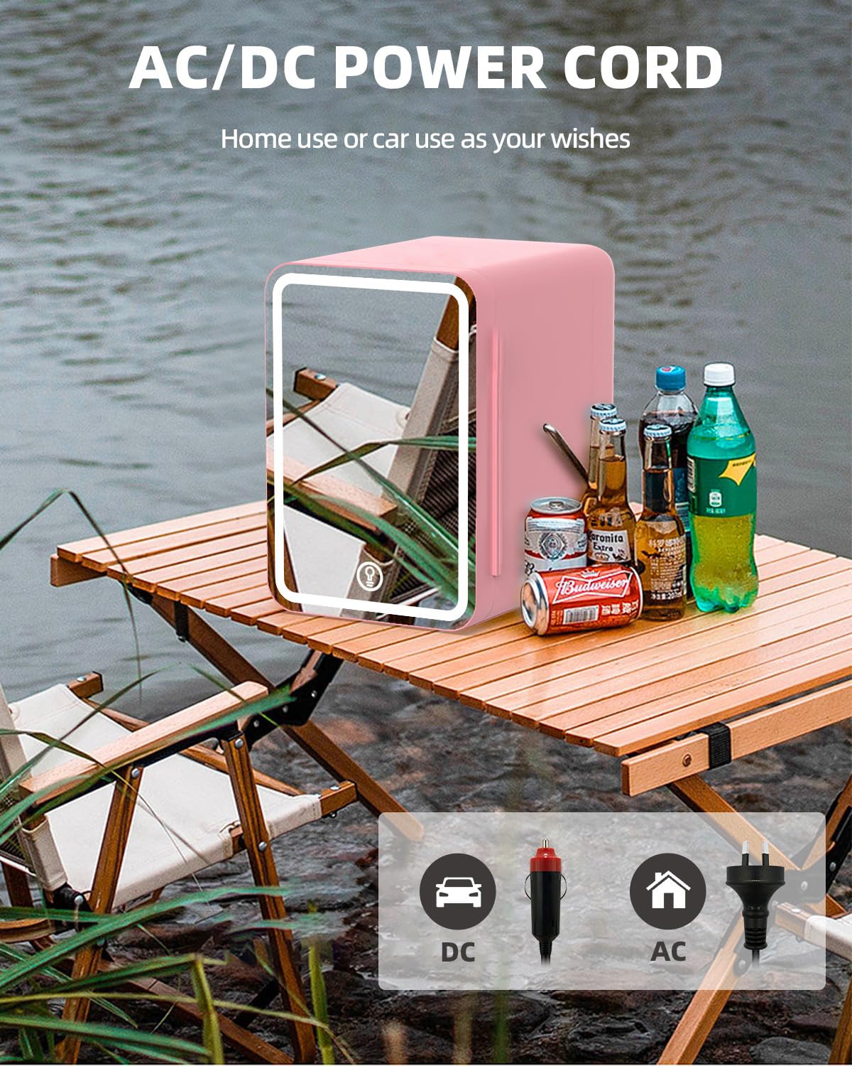 MoraRise 6L Mini Fridge for Bedrooms, Portable Cooler & Warmer Skincare Fridge with LED Mirror, AC/DC Compact Beauty Fridge for Food, Car, Home, Office, Drinks, Cosmetic, Skin care (Pink, 6L) — view 5