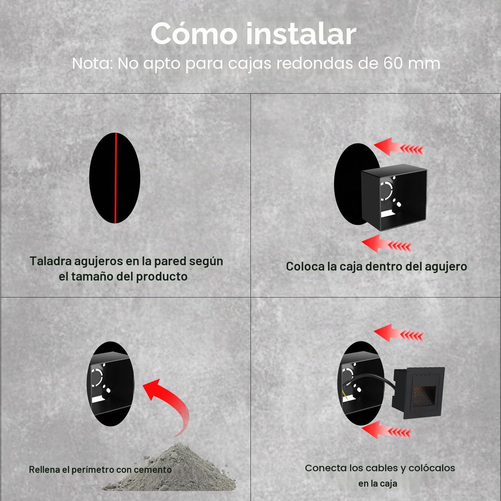 VivaLet 6 Piezas Iluminacion Escalera Led 3w 300lm, Iluminación de Pared 230v 3000k, Iluminación de Escalera Ip65, Caja de Montaje Empotrada 68mm, 85 X 85mm, Apliques de Pared de Led Escaleras