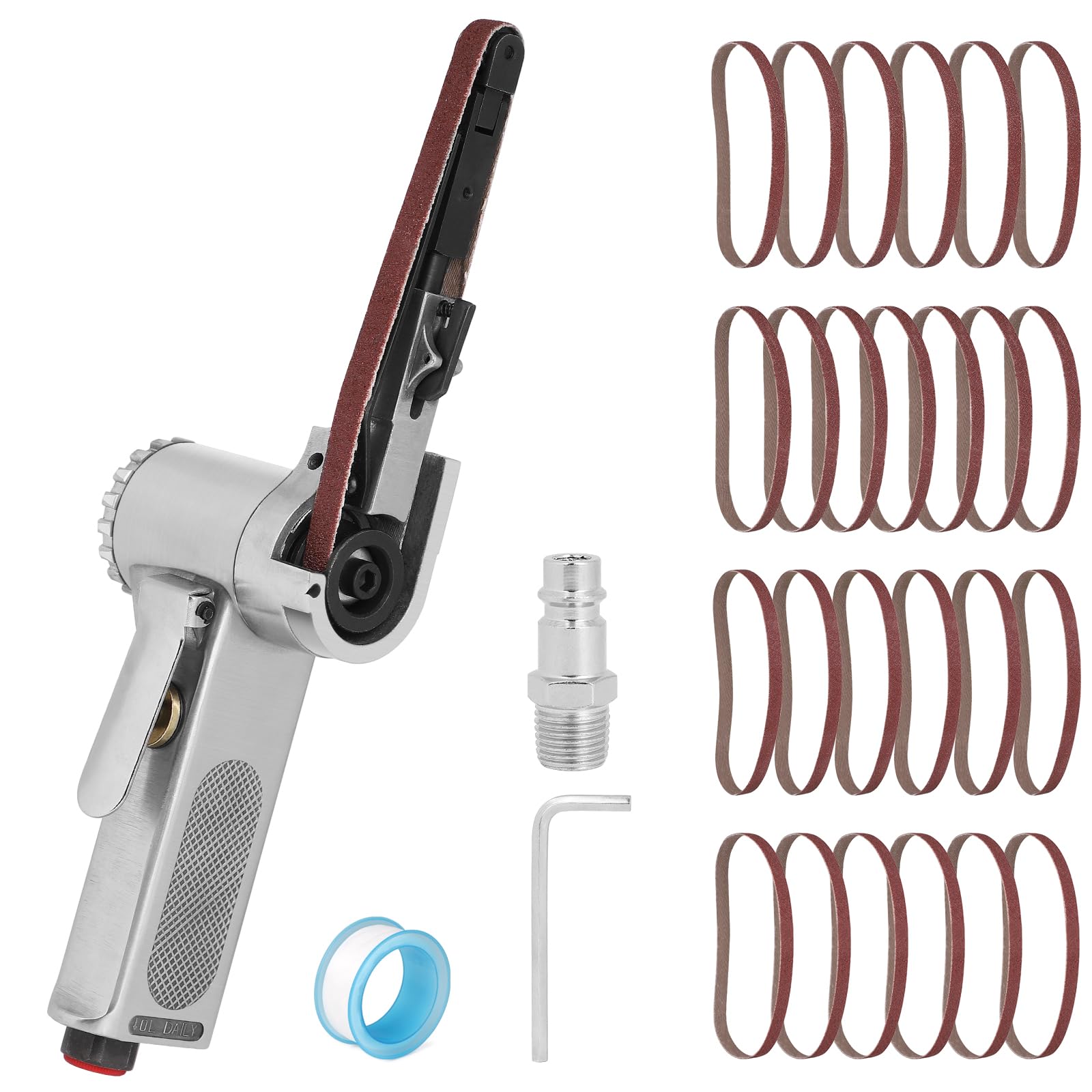 EFUTURETIME Levigatrice a Nastro Pneumatica 16000 Giri/Min, 33cm Smerigliatrice a Nastro Portatile di Angolo Regolabile con 25 Nastri Abrasivi 10mm (G60 x 7, G80 x 6, G100 x 6, G120 x 6)