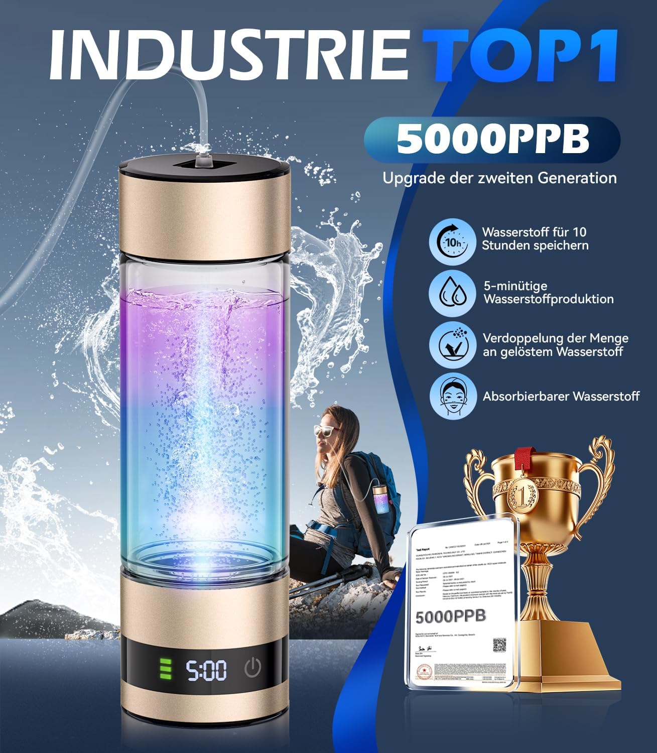 2025 Neu Wasserstoff Wasserflasche mit Digitalanzeige, Wasserstoffreiches Wasser in 5 Minuten,5000 PPB H2-Konzentration & SPE-Technologie der 2. Generation,450ml (Gold)