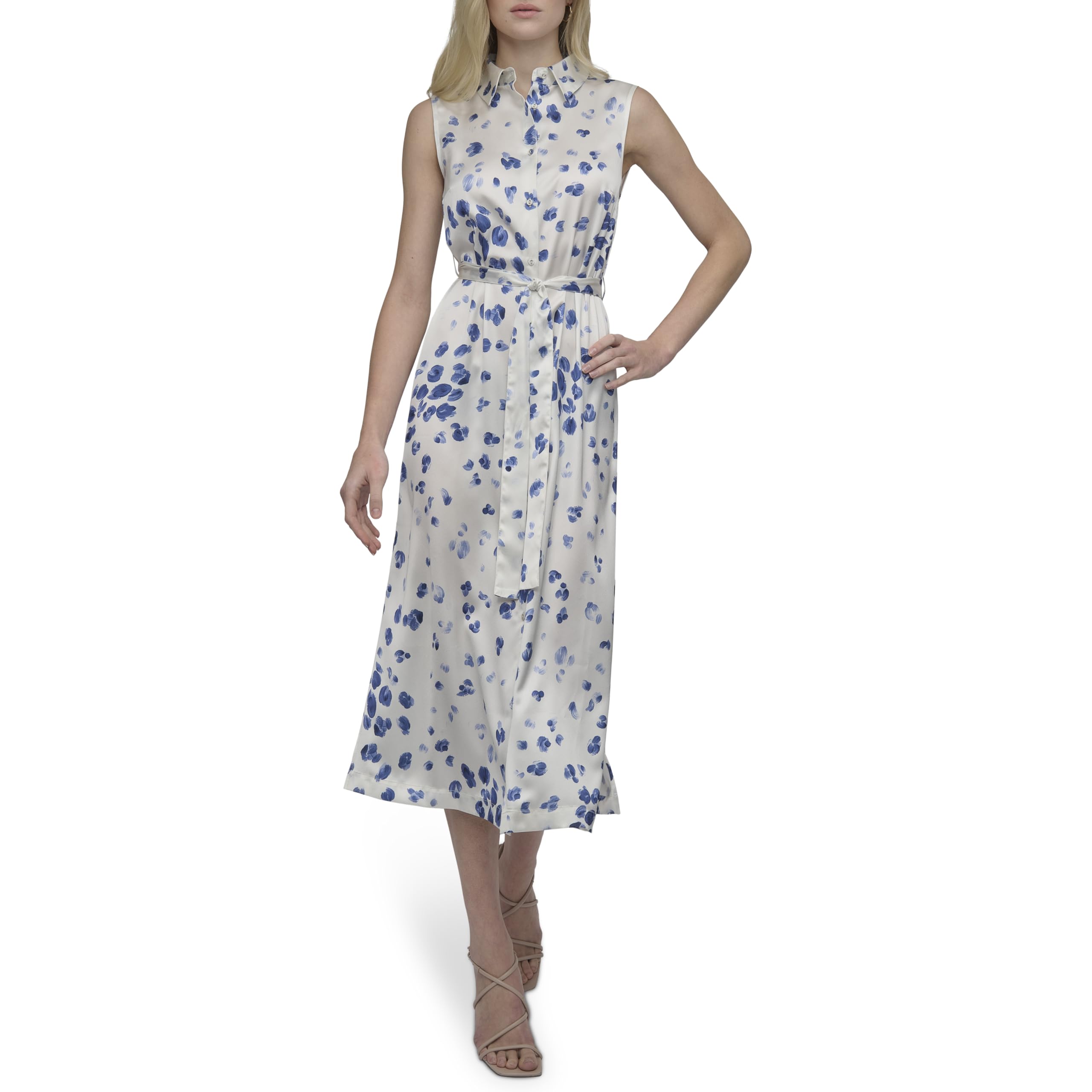 DKNY Women's Satin Sleeveless Collared Button Front Midi Shirtdress