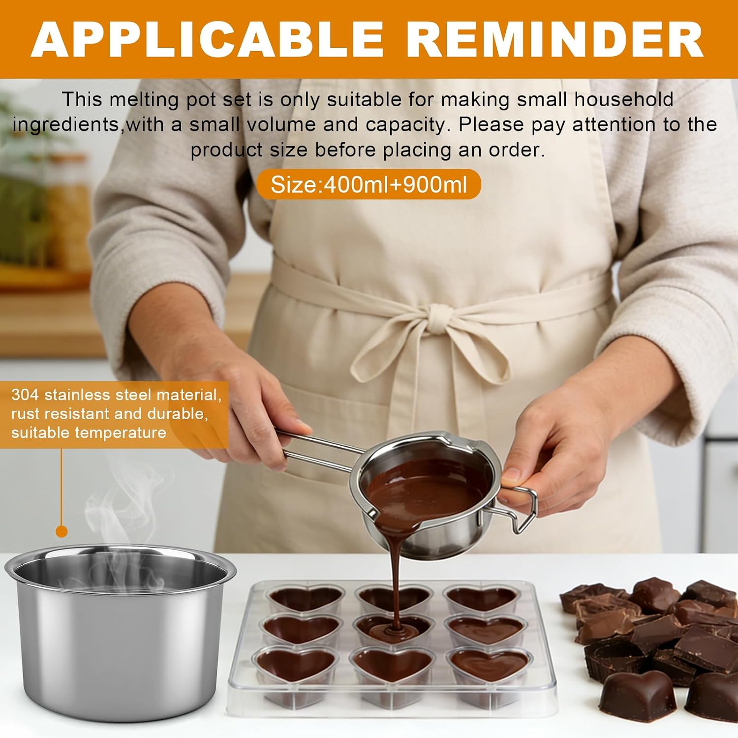 Stainless Steel Double Boiler Melting Pot 400ml+900ml Double Boiler Pot Set & Silicone Scraper,Tridented Tool,Chocolate Spoon for Melting Chocolate, Candy, Soap, Wax, Candle Making