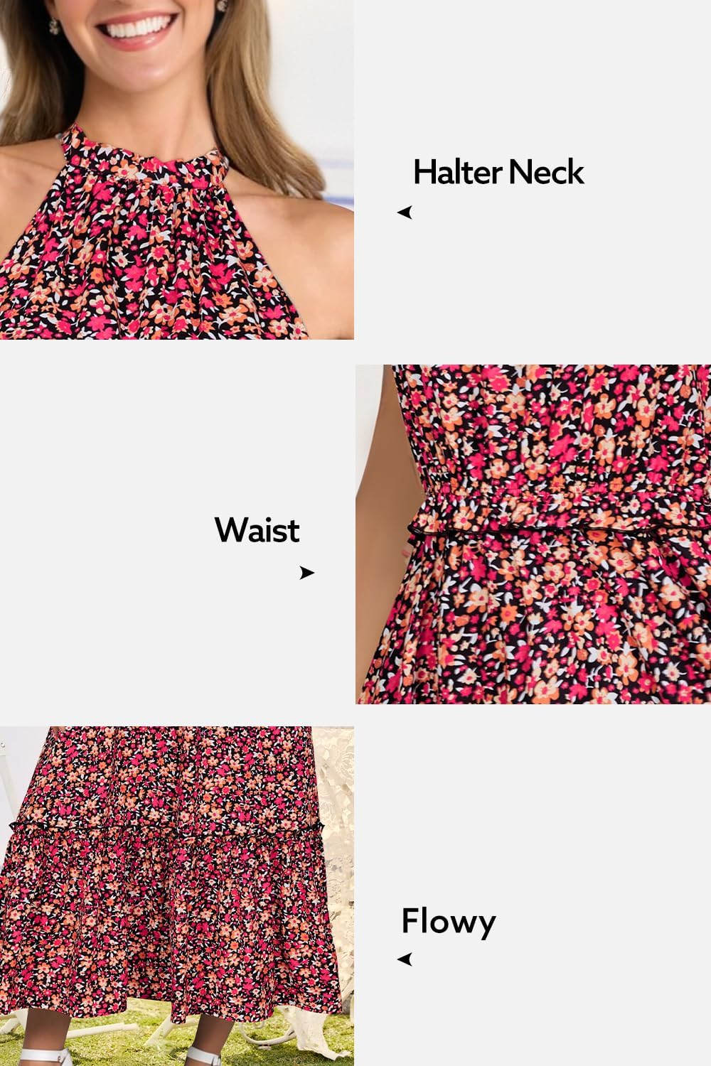 Newshows Womens 2025 Summer Vacation Outfits Halter Neck Floral Tiered Ruffled Flowy Casual Beach Boho Long Maxi Dress - Image 7