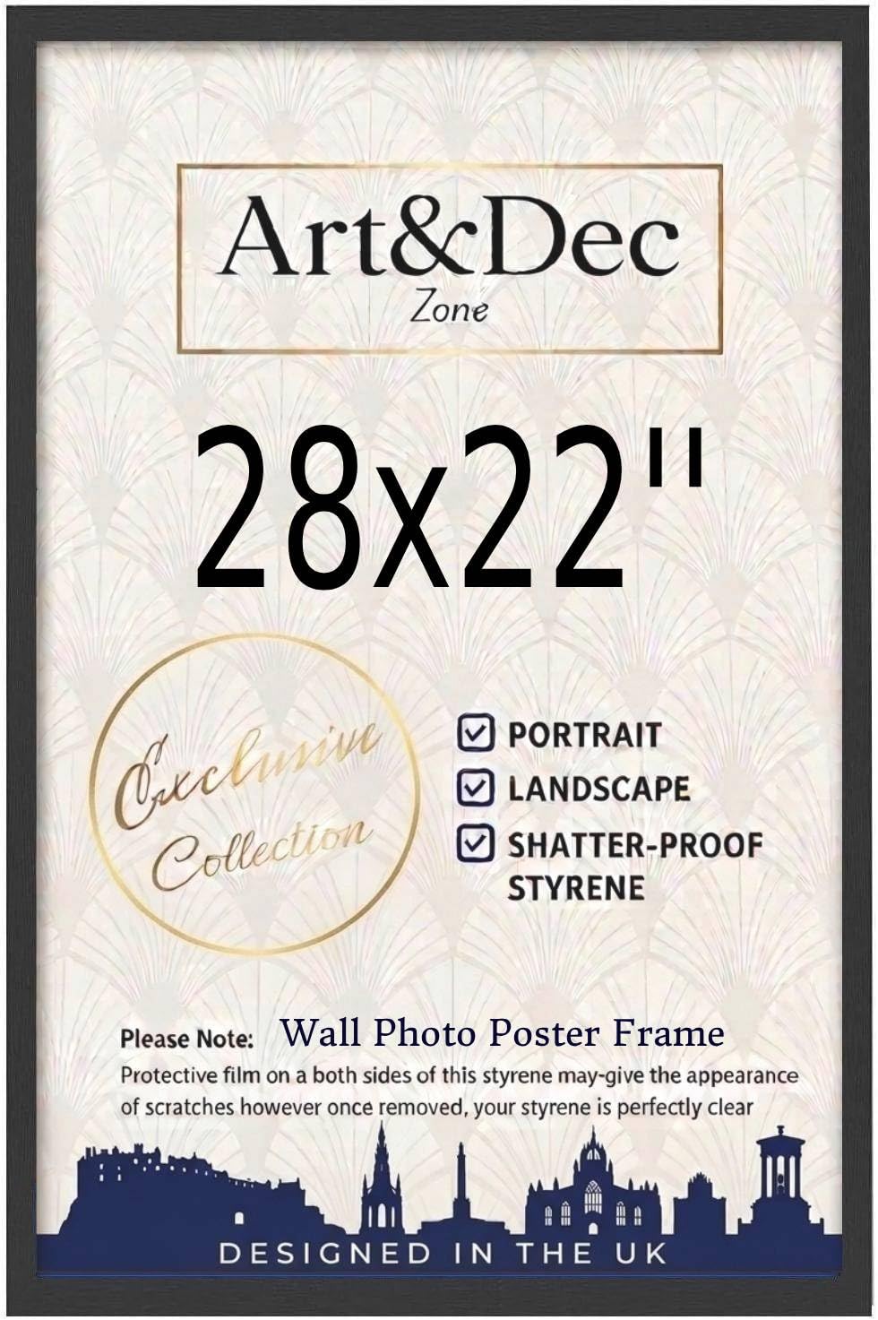 Art & Dec Zone® Sleek Black MDF Picture Frame 28x22 Inch – High-Clarity Shatter-Proof Acrylic Poster Holder for Modern Wall Decor