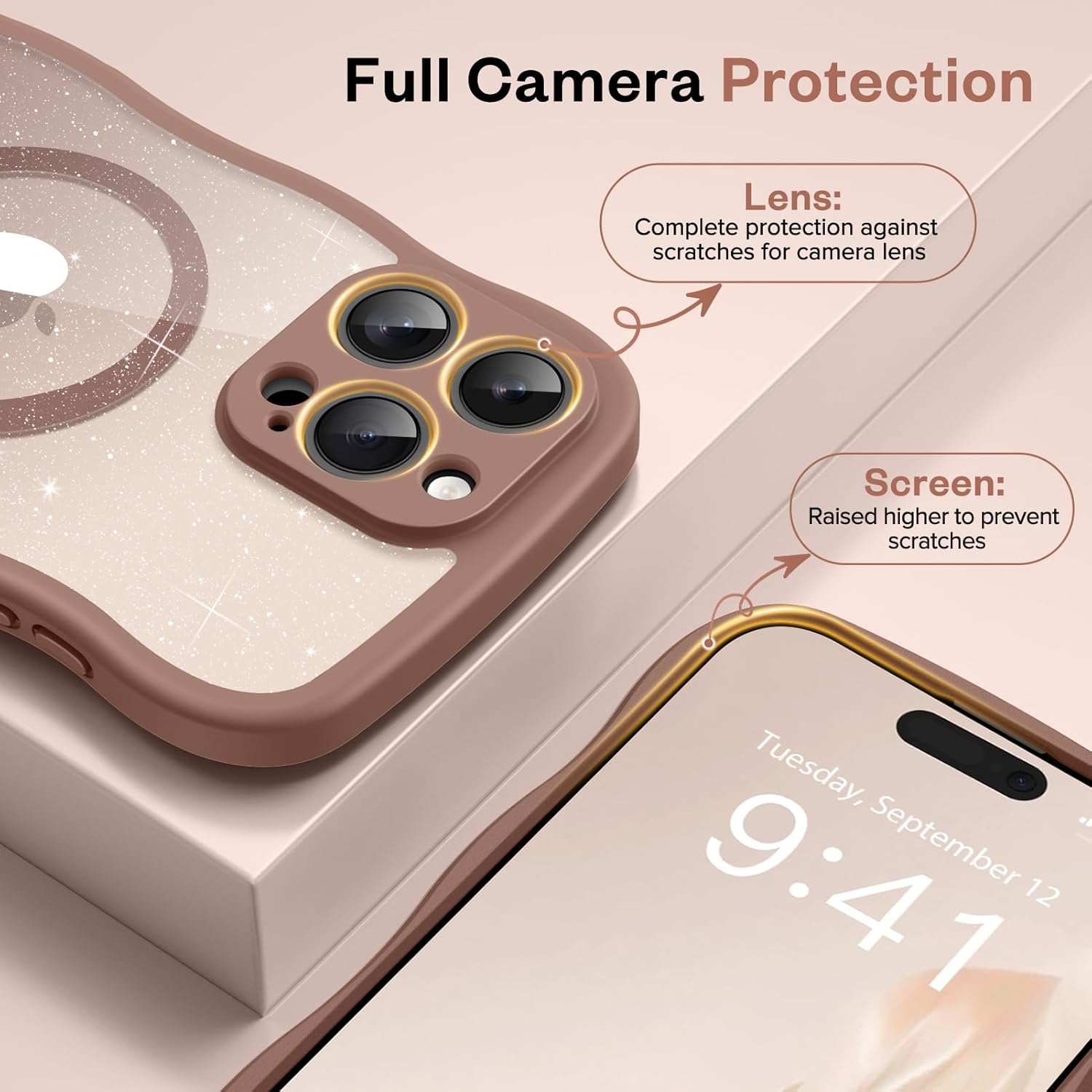 GVIEWIN for iPhone 16 Pro Case Compatible with Magsafe, [Full Camera Protection] [Not Yellowing] Wavy Frame Shockproof Gradient Glitter Slim Women Phone Cover with Camera Control, Brown - Image 6