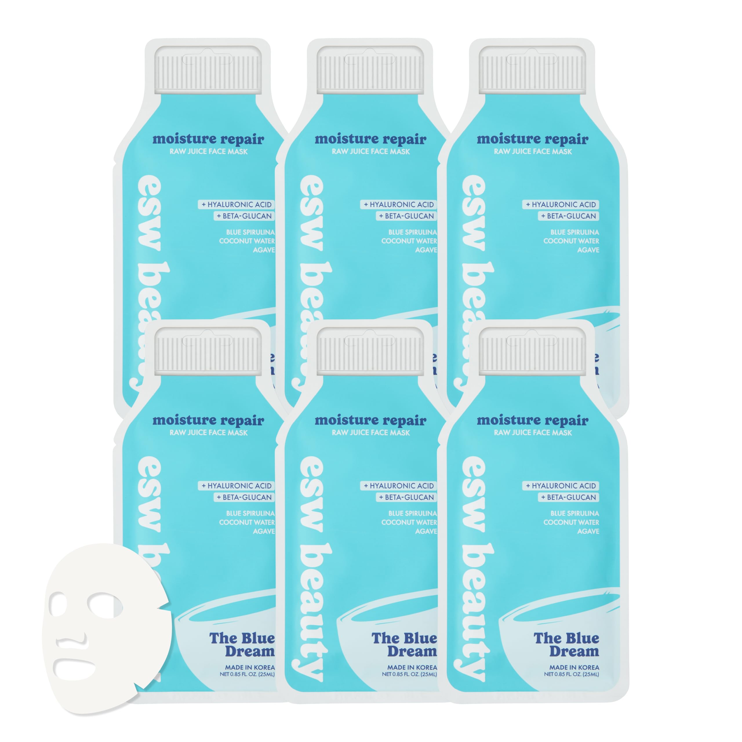 ESW Beauty The Blue Dream - Moisture Repair Raw Juice Face Mask (6-Pack) - Hydrating with Blue Spirulina, Coconut Water & Agave for Dry, Sensitive Skin - Replenishes & Fights Aging