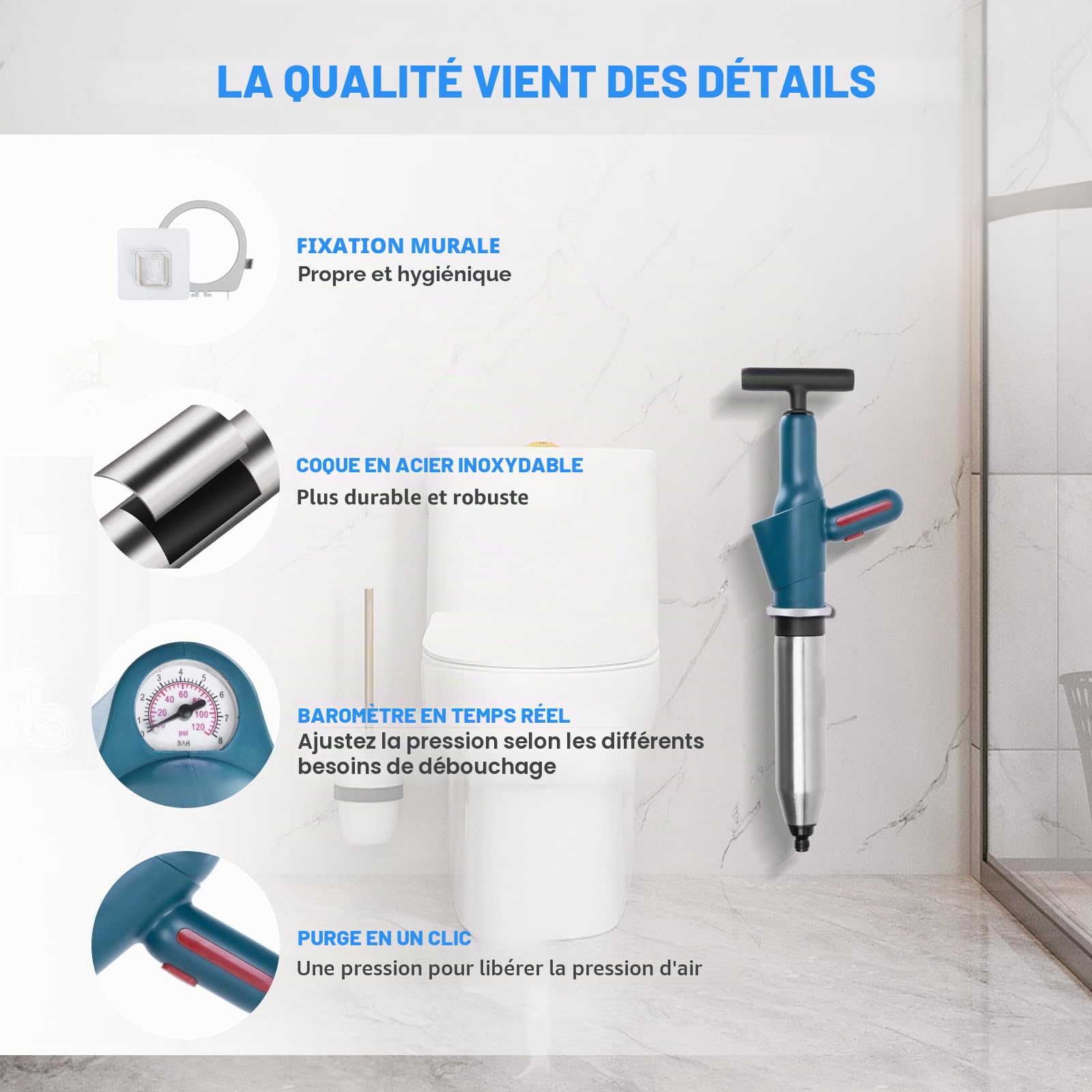 Déboucheur WC professionnel, Déboucheur de canalisations avec manomètre et pompe à air comprimé, 4 ventouses anti-éclaboussures avec crochet et spirale, pour toilettes, lavabos, baignoire, douche
