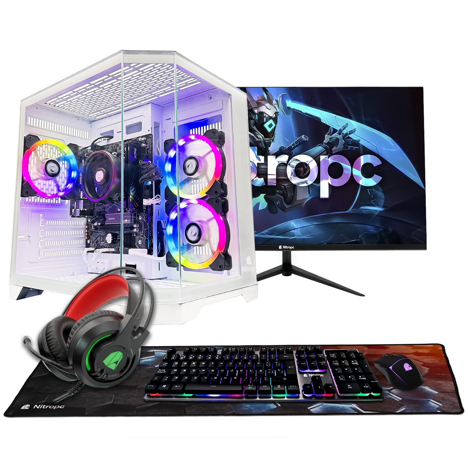 NitroPC PC Gaming Complete Start Esports Core Pack FHD120-24 · 90-110 FPS · 1080p · Ryzen 5 5655G (APU) RAM 32GB, M.2 1TB, Windows 11 Pro, WiFi, White – 24" FullHD Monitor + Accessories
