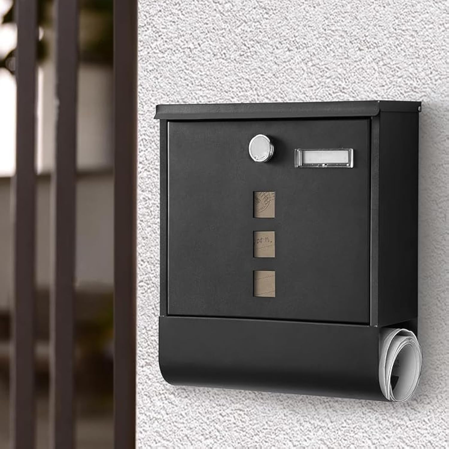 Wall Mounted Letterbox Modern Mailbox Lockable Mail Box Galvanised Steel Post Box with Copper Lock Newspaper Holder for Outside Wall, Black (Round)
