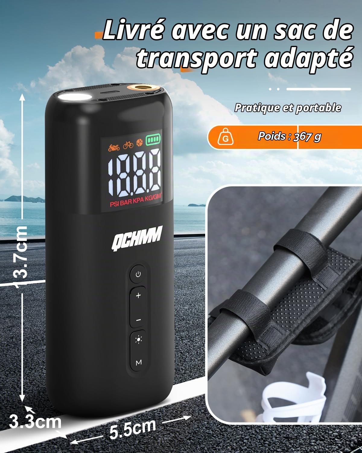 Pompe à vélo électrique avec Valve Presta et Schrader, Bar/PSI | Pompe Velo 150PSI, Mini Compresseur avec manometre, Gonfleur Velo Portable