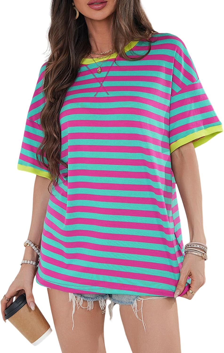 【KOOLOSET】Vintage Shadow Stripe Over Short Sleeve Tee Amazon.com: RightPerson Women's Casual Loose Short Sleeve