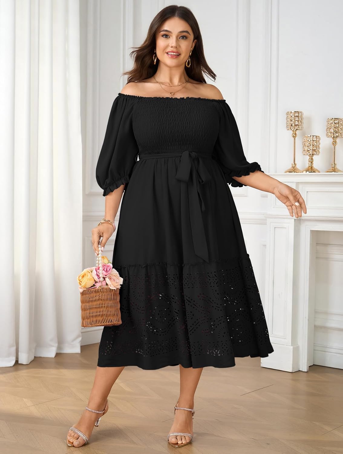 Women's Plus Size Wedding Guest Dress 3/4 Sleeve Square Neck Smocked Empire Waist Tie Boho Eyelet Maxi Long Dresses - Image 3