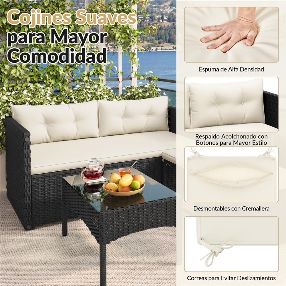 Yaheetech Conjunto de Muebles de Jardín de Ratán Muebles de Ratán de 2 en 1 | 1 Banco y 1 Mesa y 2 Taburetes, Negro/Beige
