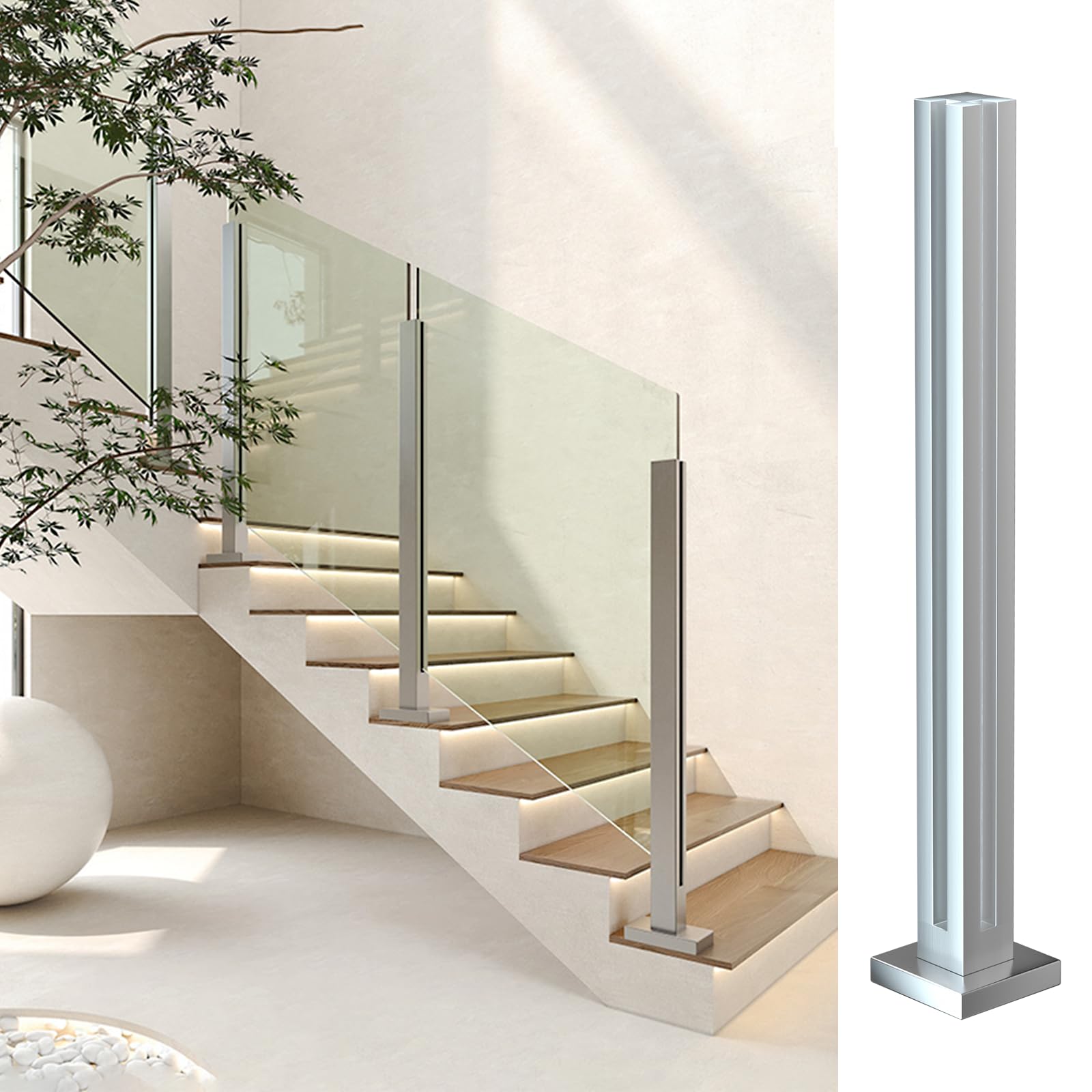 MM MELISEN Poste de balaustrada de cristal, poste de barandilla de vidrio de acero inoxidable 304 para peldaños, balcones, escaleras, terrazas, escaleras de patio (Silver-65cm- Corner Post)