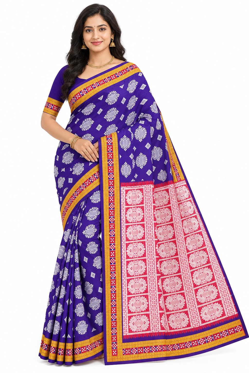 Sambalpuri Silk Saree, Traditional Geometric Pattern, Yellow and Red with Zari Border, Handwoven-picture-23