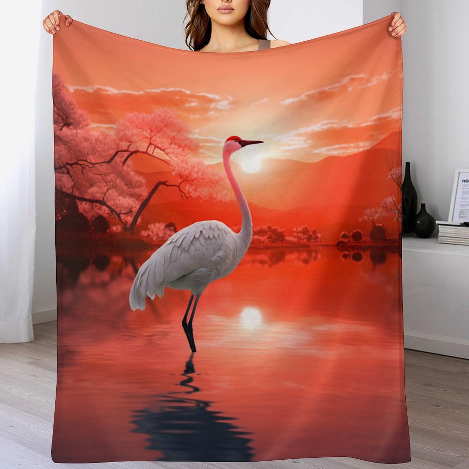 Couverture polaire grue blanche contre le froid pour lit et canape 130x180cm