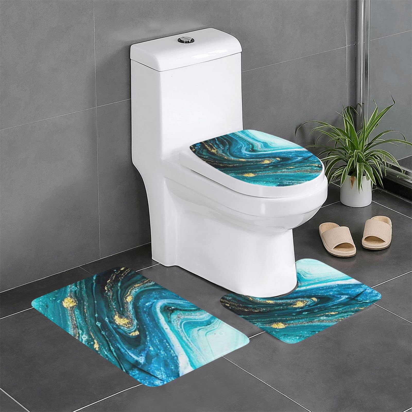 Tapis de salle de bain antidérapant ensemble 3 pièces marbre bleu turquoise or