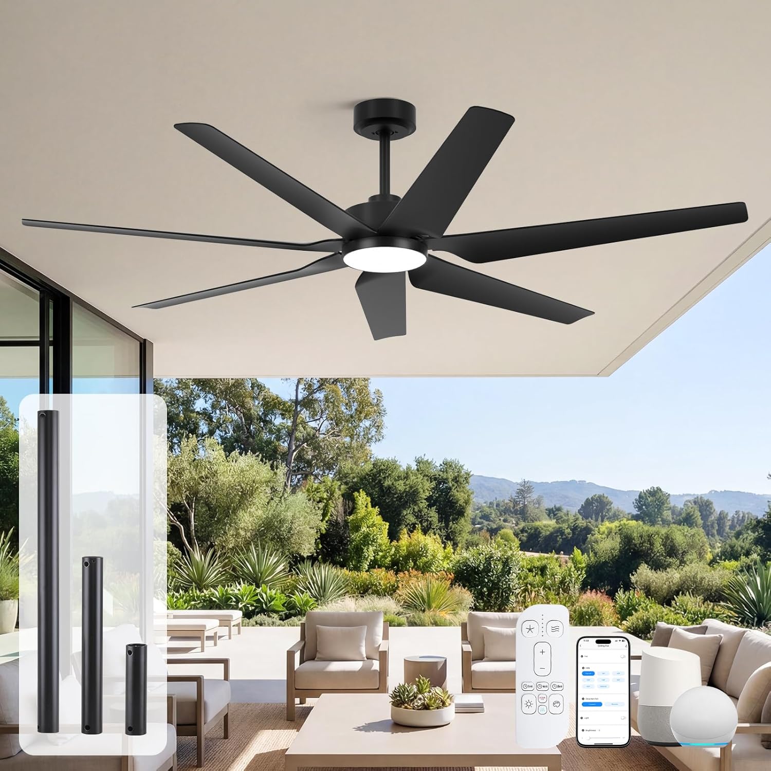 65 Inch Smart Outdoor Ceiling Fan with Light, Alexa/APP/Remote Control, Damp Rated for Patio, Large Airflow 8517 CFM, Quiet Reversible DC Motor, for Indoor High Ceiling Room Porch Garage, Modern Black