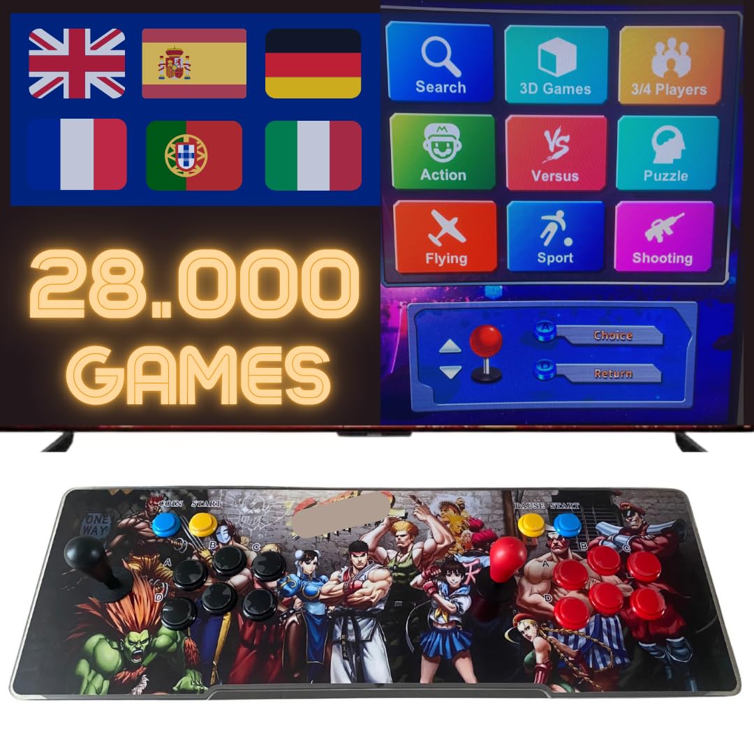 Macchina Arcade Console con 28000 Giochi Retrò Originali, con LED che cambiano colore e sistema audio e joystick ovali