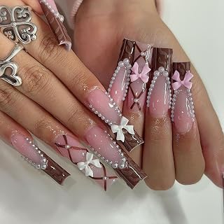 Press on Nails Extra Long Chocolate French False Nails Pearl Fake Nails Artificial Acrylic Nails Bow Tie Design Square Nails Full Cover Reusable Coffin Nails Glue on Nails for Women 24Pcs