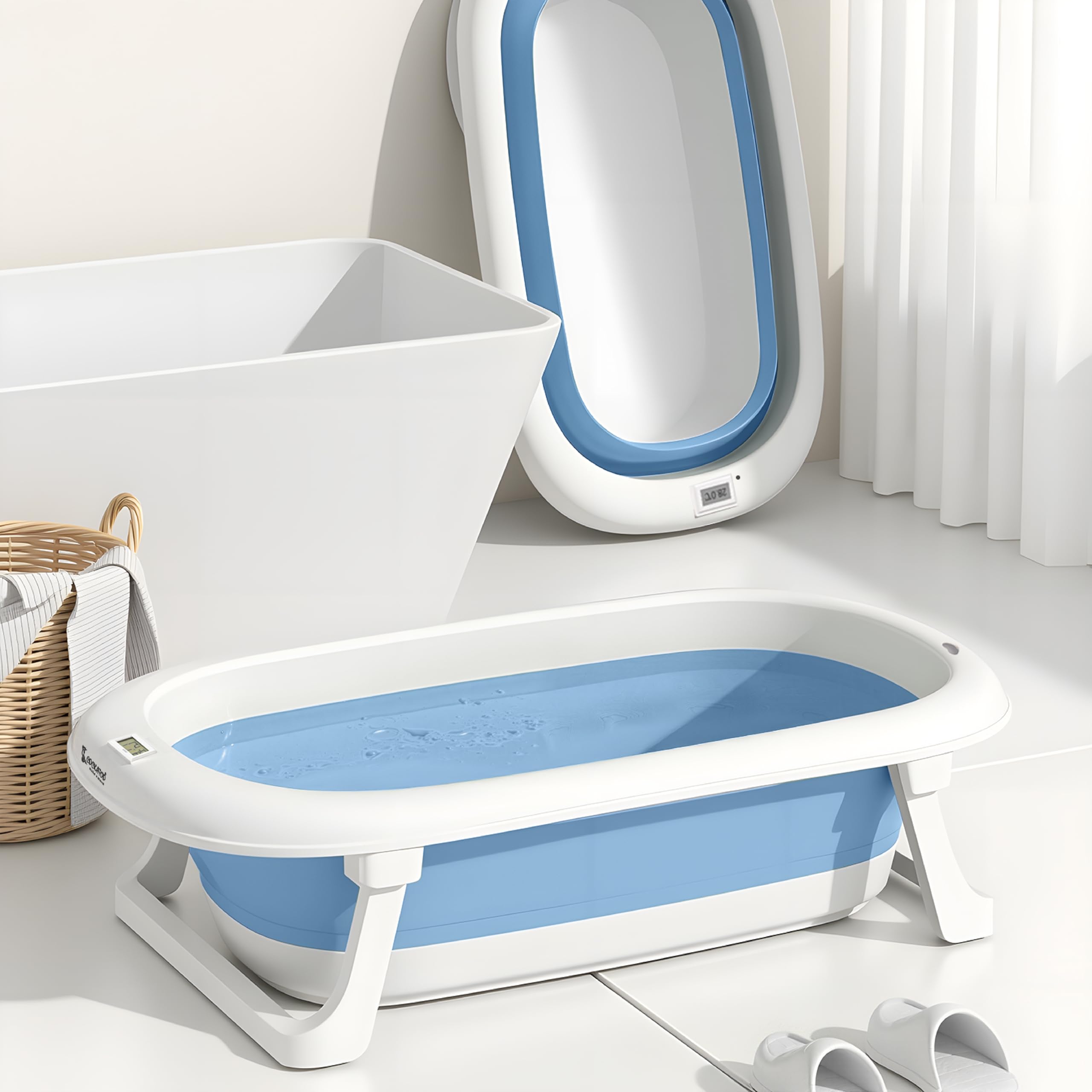 Cockatoo-Kids DripDrop Foldable Baby Bath Tub with Thermistor, Pillow & Soap Box – Portable Newborn to 6 Years Tub, Non-Toxic PP, Anti-Slip Base, 40kg Capacity – Travel & Home Use, White & Blue - Image 7 thumbnail