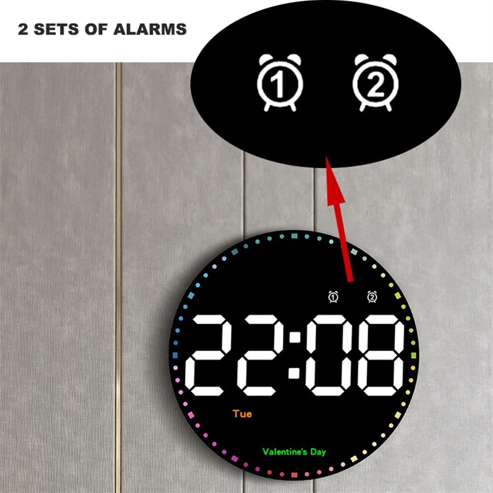 Horloge murale numérique à LED – Horloge multifonction avec alarmes, compte à rebours, affichage de la température, rappel de vacances