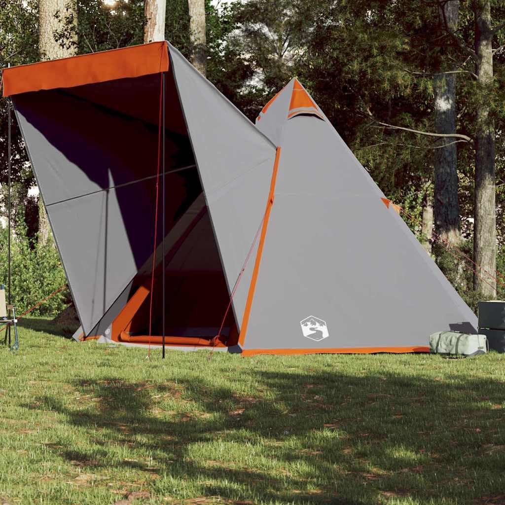 Tenda da Campeggio per 6 Persone, Tipi Impermeabile in Poliestere 185T, Doppio Ingresso con Cerniera, Tenda Familiare per Spiaggia e CarpFishing, Grigio e Arancione, 408 x 350 x 240 cm
