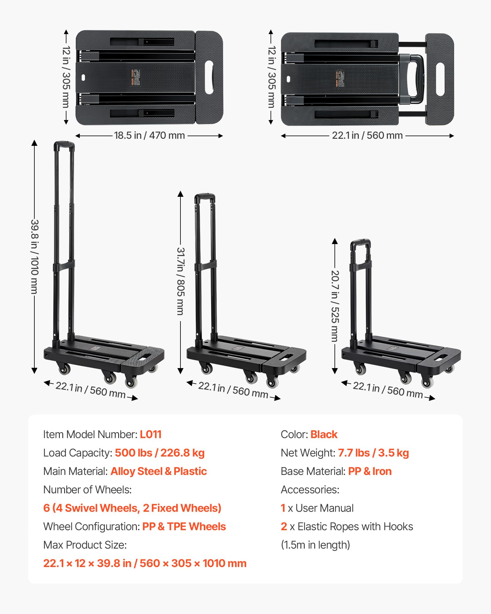 VEVOR Carretilla de Mano Plegable, Carrito de Equipaje Plegable con 6 Ruedas, 2 Cuerdas Elásticas y Base Expandible Carga de 226,8 kg para Equipaje de Viaje, Aeropuerto, Oficina, Mudanza, Negro