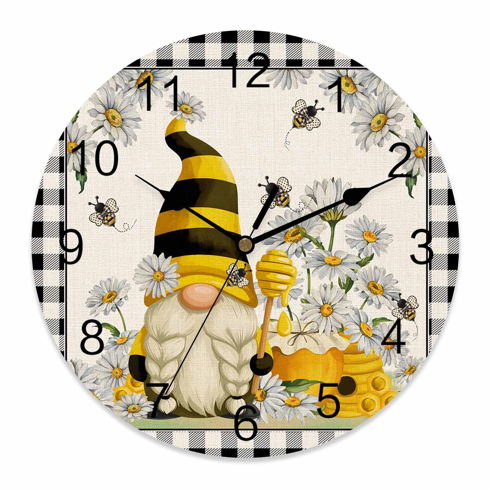 Ensound Wall Clock Yellow Gnome Honey Bee Clocks Wooden Silent Non-Ticking Battery Operated Decorative Daisy Flower Black Plaid Round Clock for Home Living Room Kitchen Bedroom Office School 12 Inch