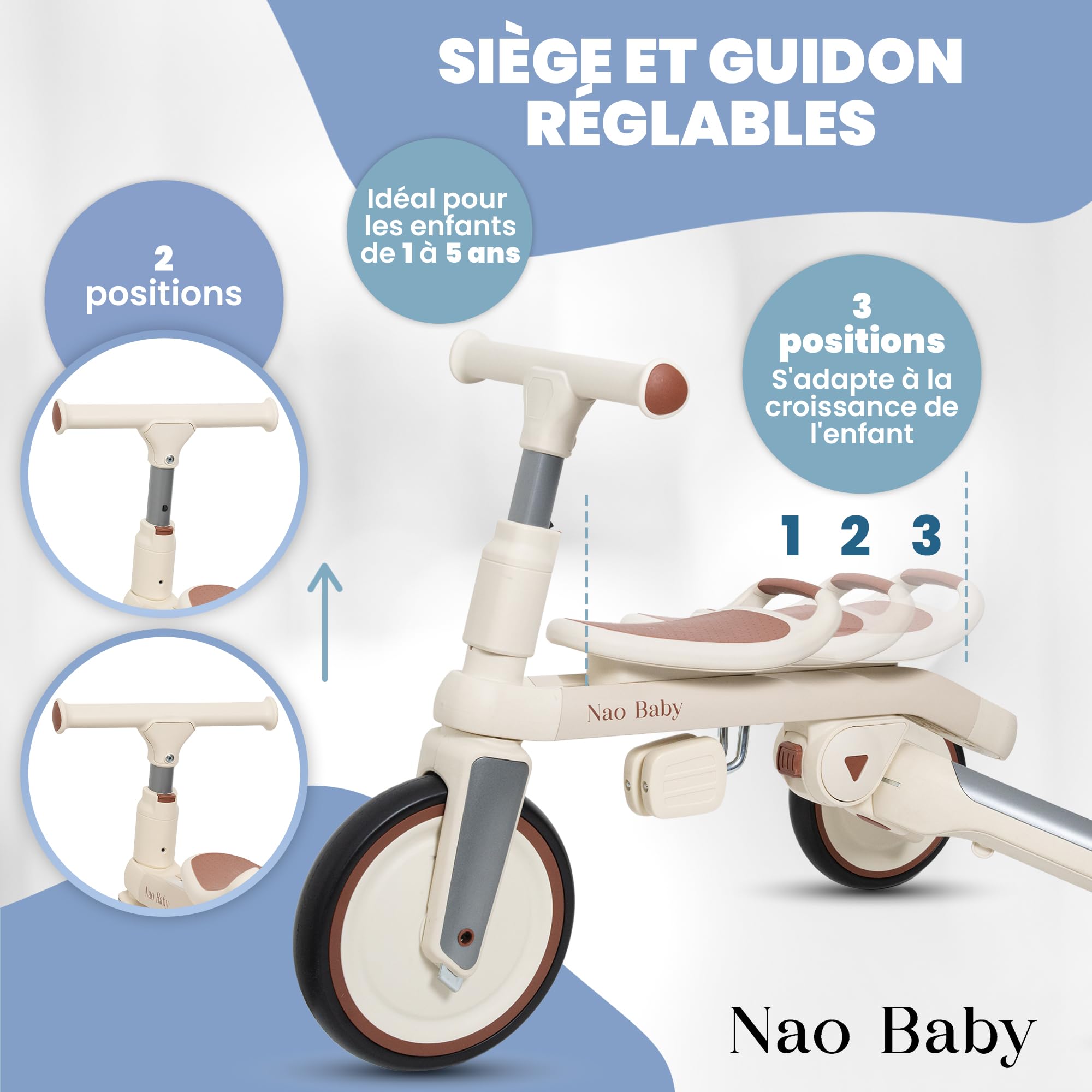 Tricycle Bébé Évolutif Pliable et Réglable pour Enfants (1–5 Ans) avec Barre Parentale – Tricycle, Draisienne Évolutive et Vélo Bébé, Confortable et Compact (Senza Capote)