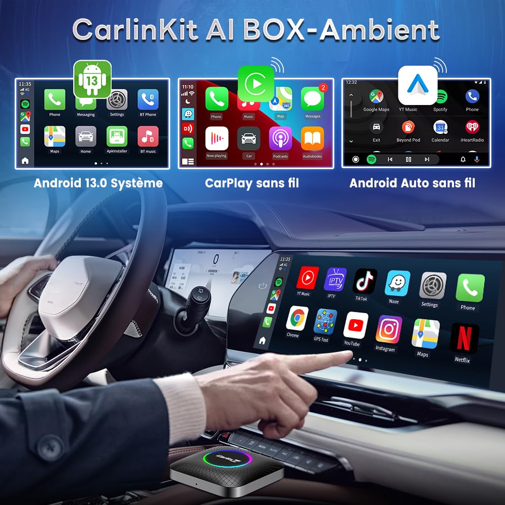 CarlinKit Wireless Carplay/Android Auto AIBox Adaptateur, adapté aux modèles CarPlay filaires, Le Produit intègre Le système Android 13.0 8+128G, Prend en Charge Youtube, Netflix, etc.