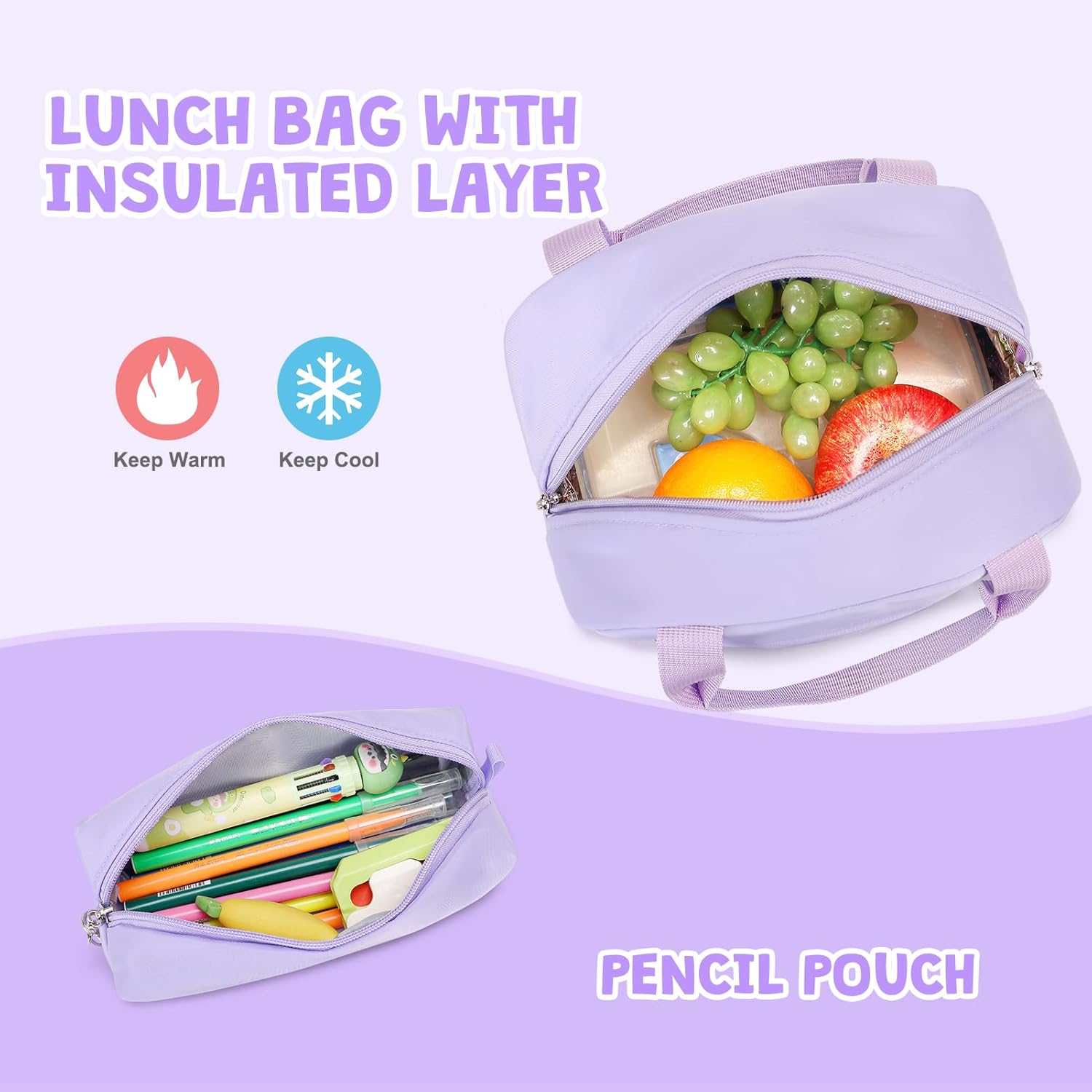 Backpack for Girls with 14oz Insulated Water Bottle, Girls Laptop Backpack for Teen Women, Kids Water Bottle Stainless Steel, Lunch Bag & Pencil Pouch, Back To School Gift (Purple) - Image 7