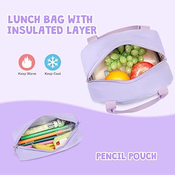 ACESAK Backpack for Girls with 14oz Insulated Water Bottle, Girls Laptop Backpack for Teen Women, Kids Water Bottle Stainless Steel, Lunch Bag & Pencil Pouch, Back To School Gift (Purple)