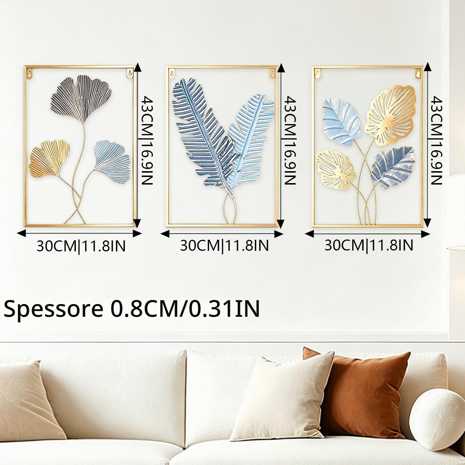 TECKZOON Set di 3 quadri da parete in metallo, 43 x 30 cm, con cornice dorata, decorazione da parete moderna per camera da letto, cucina e ufficio (oro/blu, ginkgo, ocra e foglie di banano)