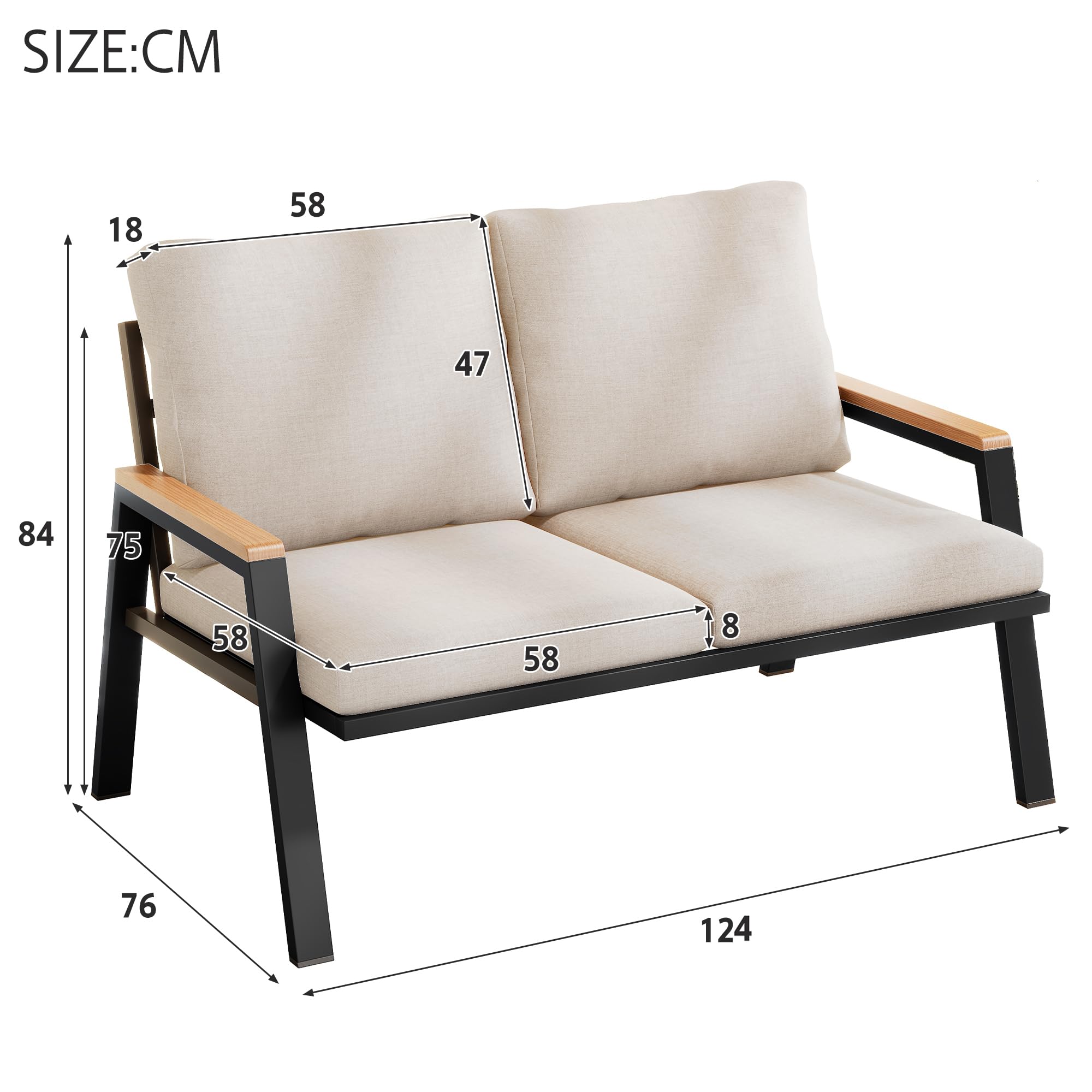 Lounge Möbel Outdoor, 2-Sitzer Garden Sofa mit verzinkter Stahl, Industriestil Balkonlounge Sofa mit Handläufe aus Holz-Kunststoff-Verbundwerkstoff, Grau+Beige