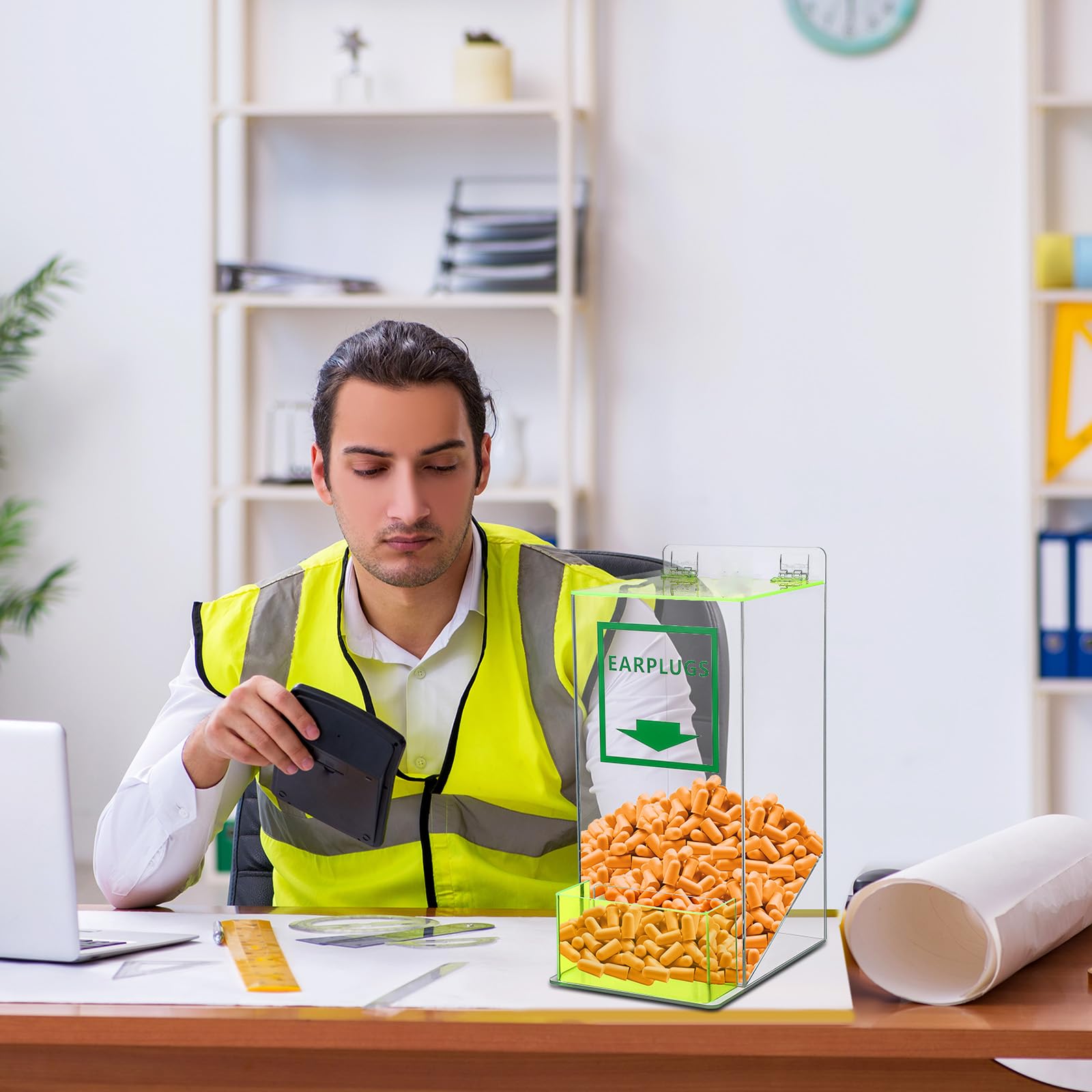 Vercraft Paquete de 2 dispensadores compactos de tapones para los oídos con cubierta y bolsillo frontal, soporte acrílico transparente para montaje en mesa, dispensador de tapones para los oídos,