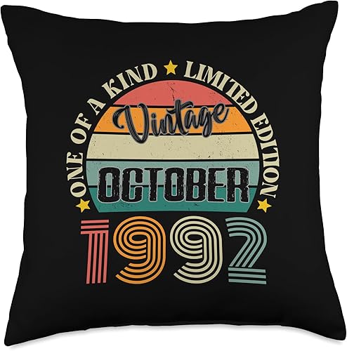 32 Year Old Vintage October 1992 32nd Birthday Retro Throw Pillow, 18x18, Multicolor