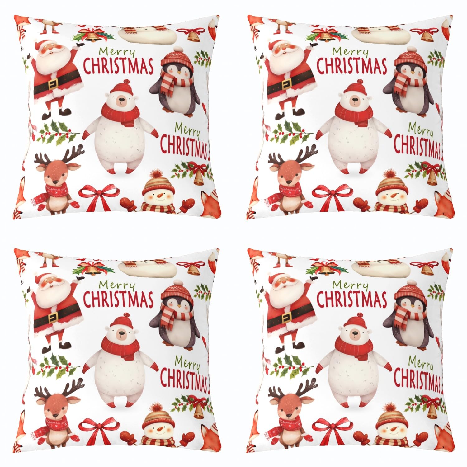 Homewish Set di 4 federe per cuscini con simpatico orso, 50 x 50 cm, morbide federe per cuscini con stampa di Babbo Natale, cervo natalizio kawaii, per bambini e adulti, con pinguino rosso e bianco