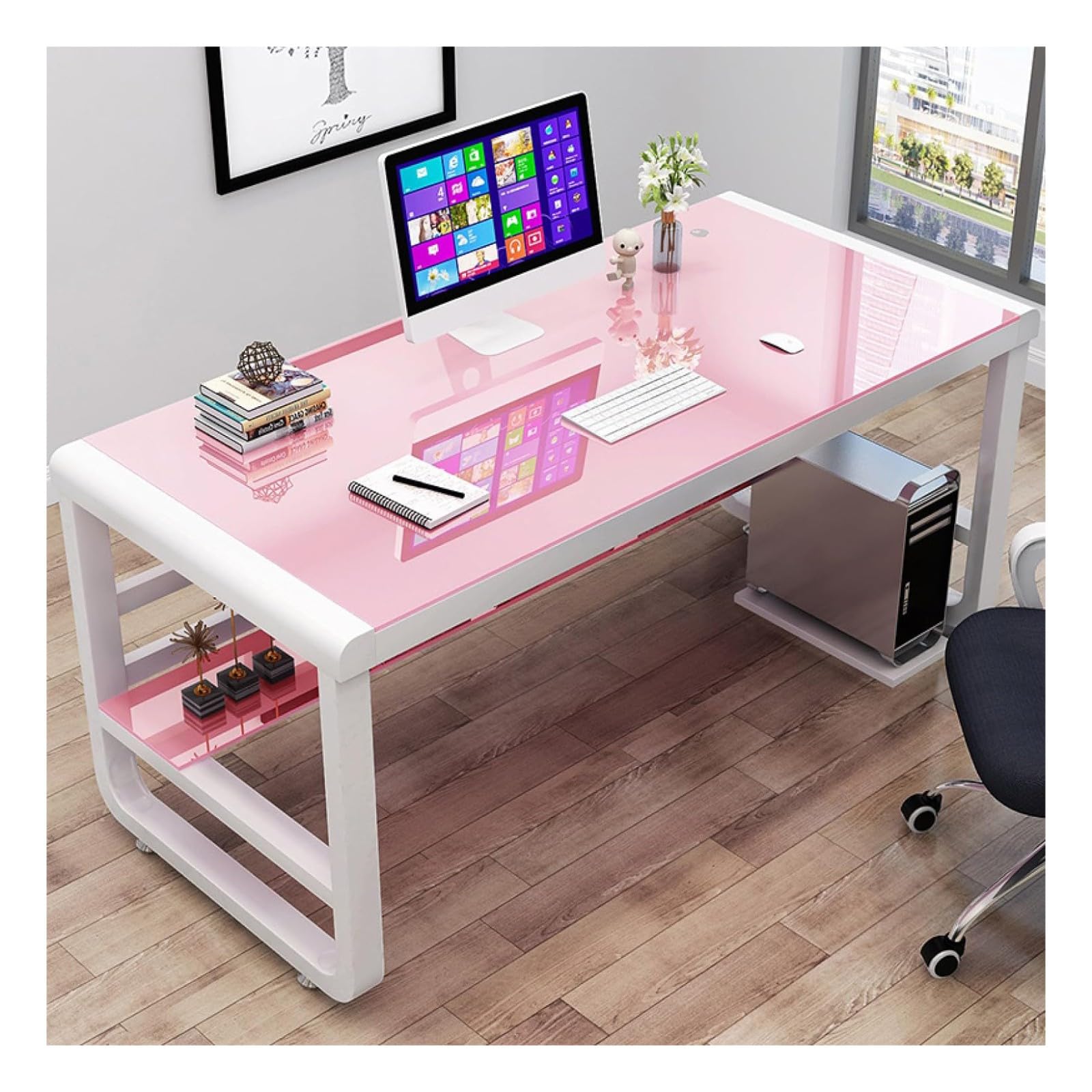 WDSOPK Computer desk Home Office Desk Tempered Glass Computer Desk with Storage Shelves, Modern Minimalist Desk with Sturdy Metal Frame Writing Study Workstation（Pink-120cm）