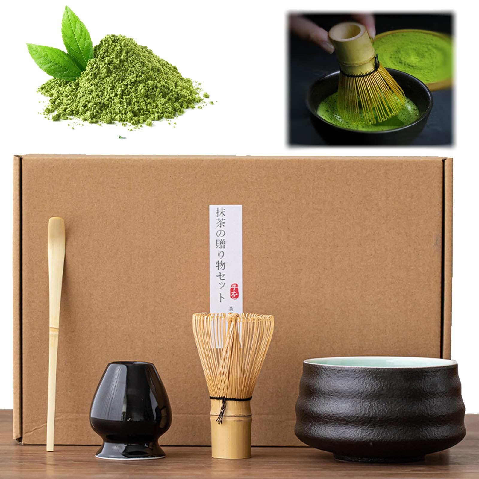 Matcha Kit, Juego de Matcha de Cuatro Piezas, Batidor de Matcha Chasen con Tazón de Cerámica para Matcha, Matcha set Setritual (Negro)