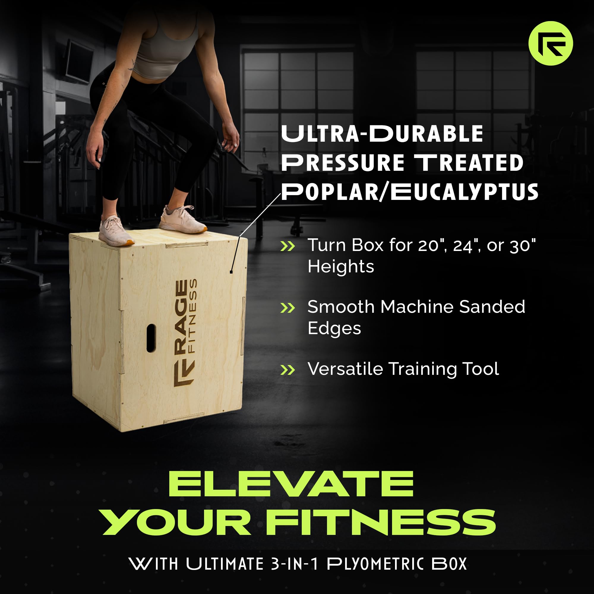 Rage Fitness Plyo Cube, scatola Plyo in legno, 3 in 1, scatola per saltare Plyo, attrezzatura per allenamento di salto, piattaforma per allenamento, blocco fitness per casa e palestra, 50,8 cm, 61 cm,