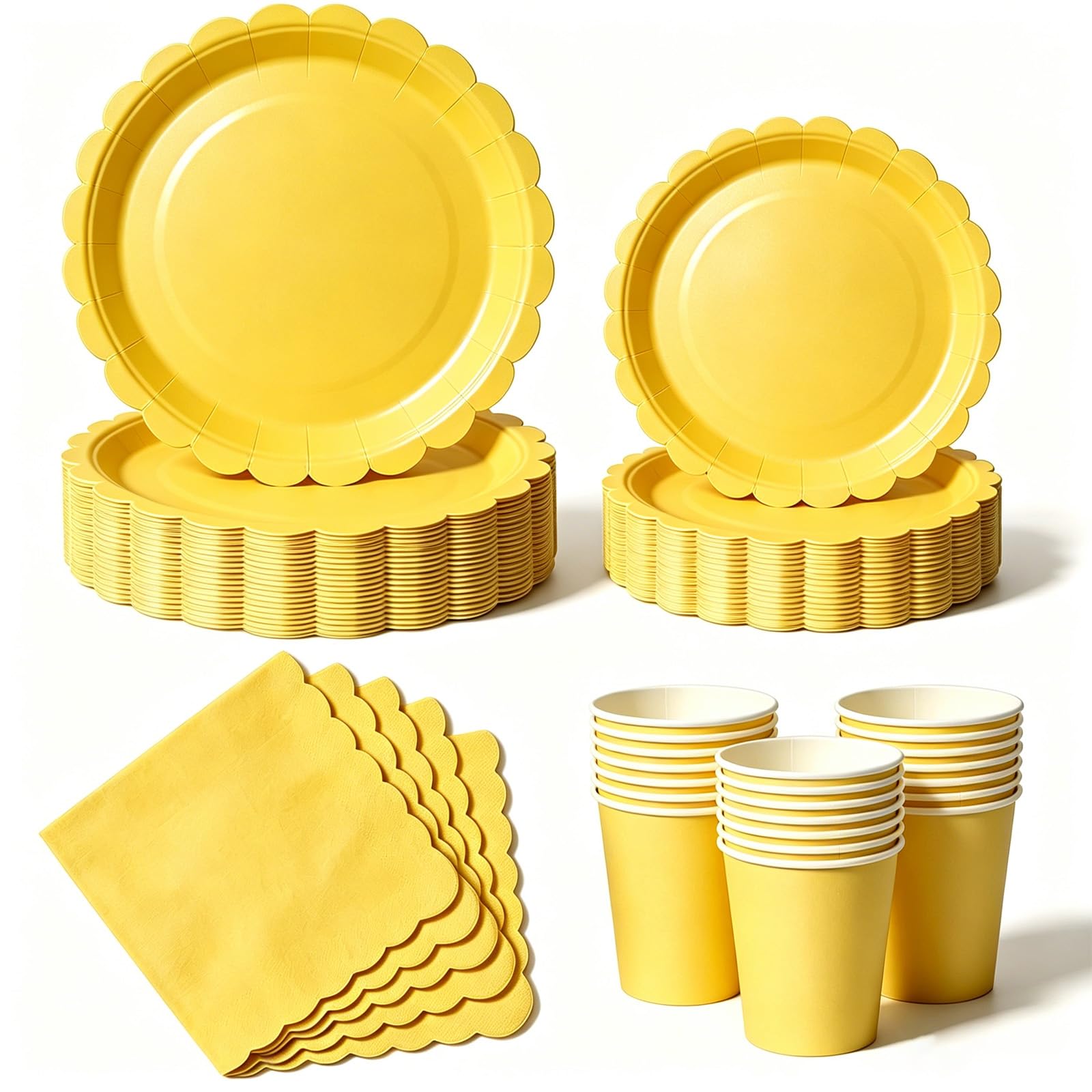 Nkaiso 50 Pcs Yellow Scalloped Paper Plates and Napkins Set for 10