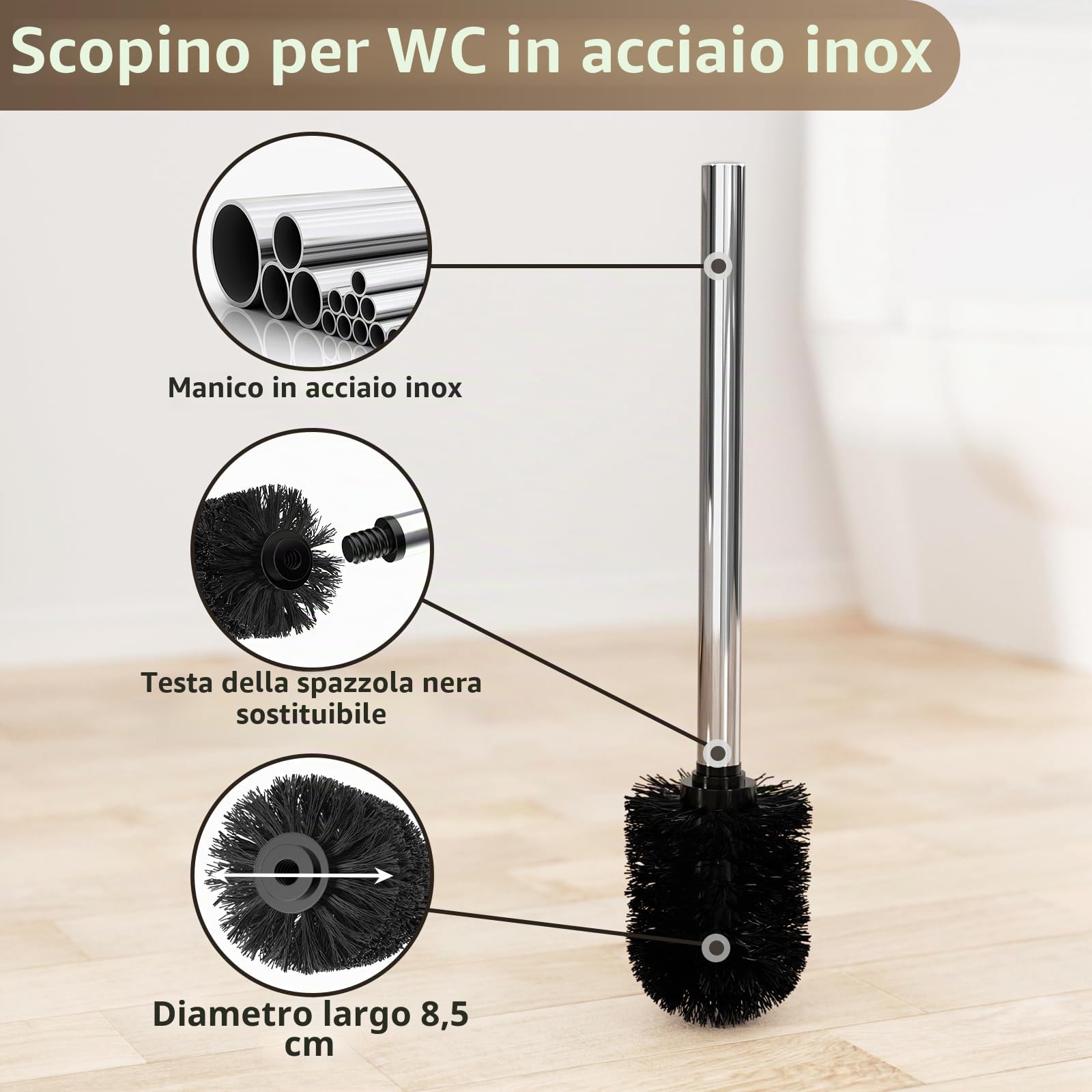 Porta Carta Igienica da Terra con Scopino - Acciaio Inox Piantana Portarotolo per WC, con Spazzolino, Vetro, Senza Forare, in Piedi (Argento)