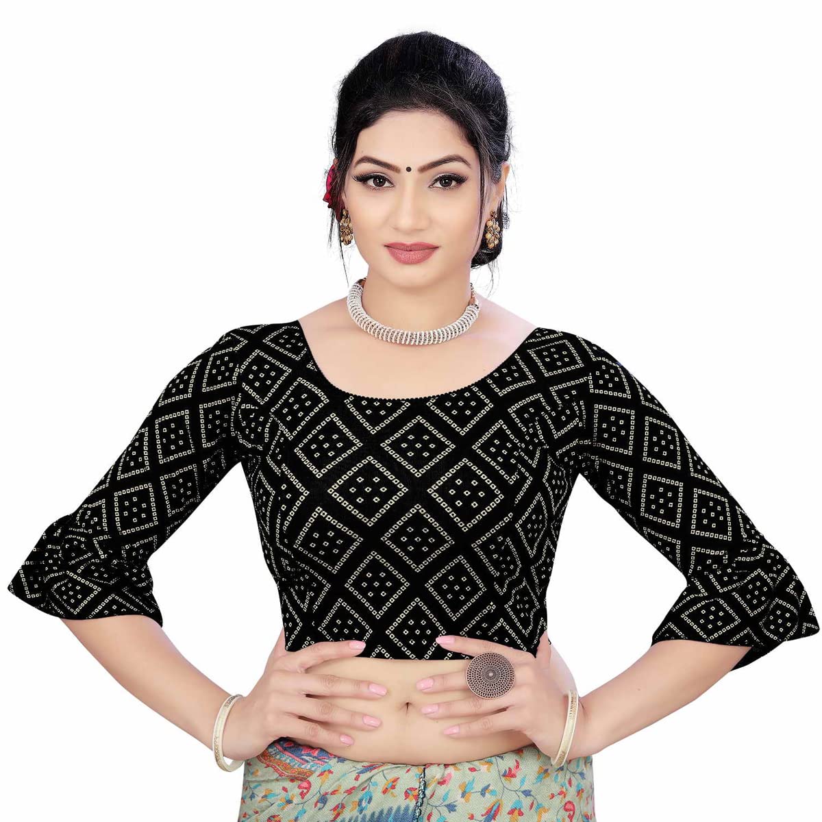 HIMRISEBlossoms Round Neck Jacquard Lycra 3/4 Sleeve Readymade Stretchable Blouse for Women