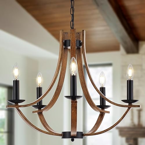 Widluth Farmhouse 5-Lights Wooden Chandelier Modern 22" Vintage Candle Style Chandelier with Wood Finish Industrial Retro Rustic Black Chandelier for Dining Room, Kitchen Island, Living Room, E12