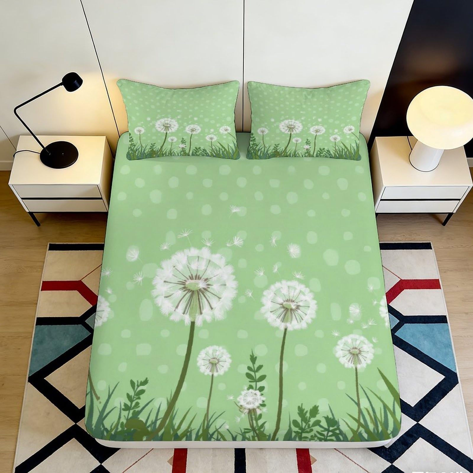 Pnayamiorkfel Style-3 3D Printed Green Dandelion Fitted Sheet Microfiber Soft Machine Washable Spring Meadow Bed Cover For Bedroom Decor 90X200x25cm