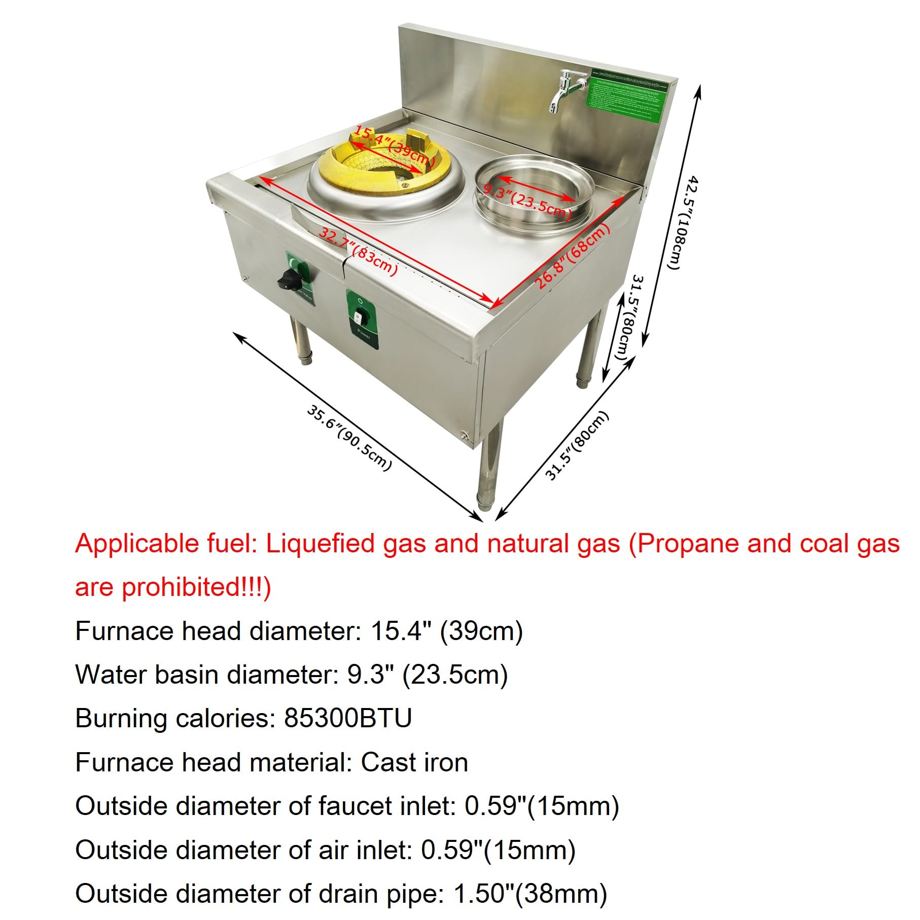 Banfluxion Commercial Gas Wok Stove 110V 120W Single Head High Fire Stove LPG and Natural Gas Burner with Baffle and Water Basin 15.4