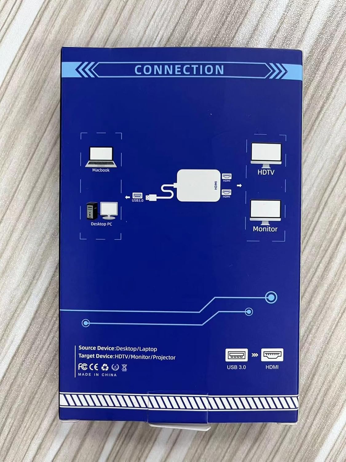 Diagram showing connection steps for the USB to HDMI adapter from a laptop or desktop to an HDTV or monitor.