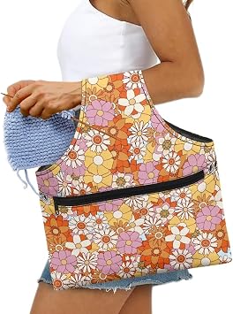 Hippie Flower Yarn Bag for Crocheting,Large Capacity Yarn Storage Tote Bag for Sewing Tools and Accessories,Quilted Crochet Storage Bag with Handles