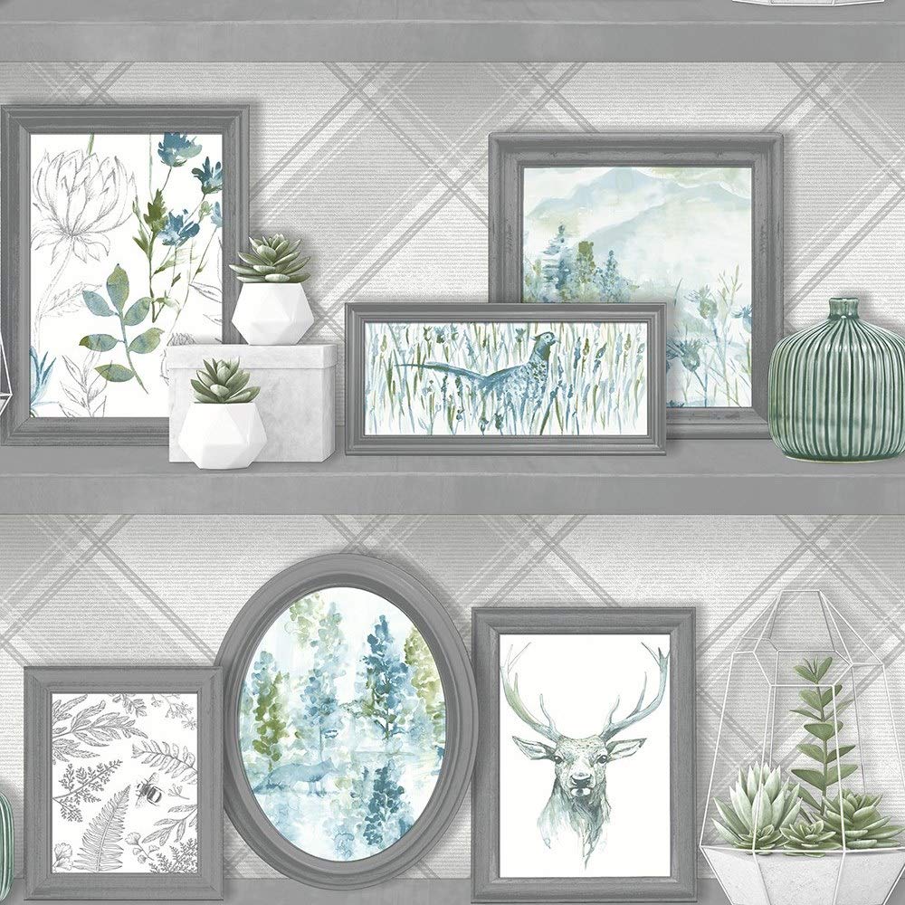 Holden Decor Whitcliffe Stag Frames Grey Teal Wallpaper 90730 - Check Shelves